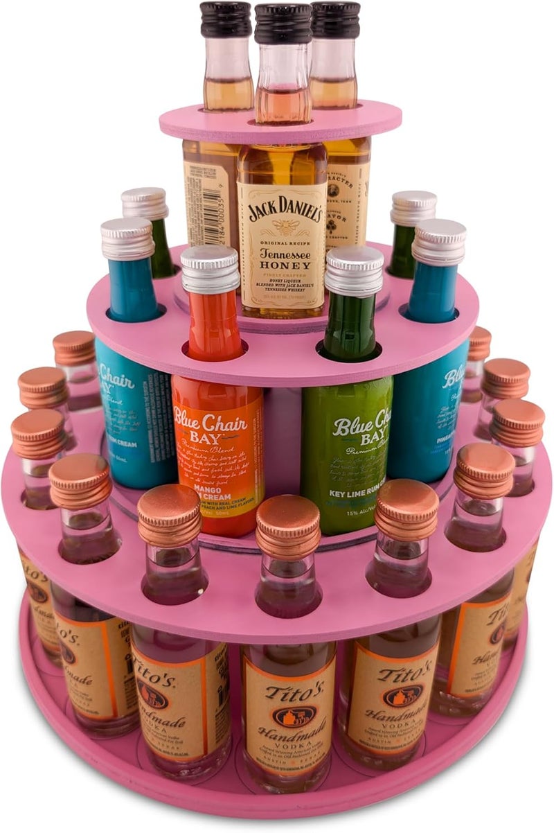 Shot Cake Party Display for Mini Liquor Bottles | 21st Birthday Holiday Celebration Decoration Centerpiece (Three Tier, Pink) - Image 1